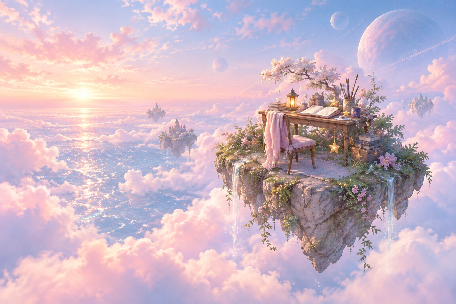漂浮小島上的書桌與創作小物，上方是粉藍粉紫的雲海星空